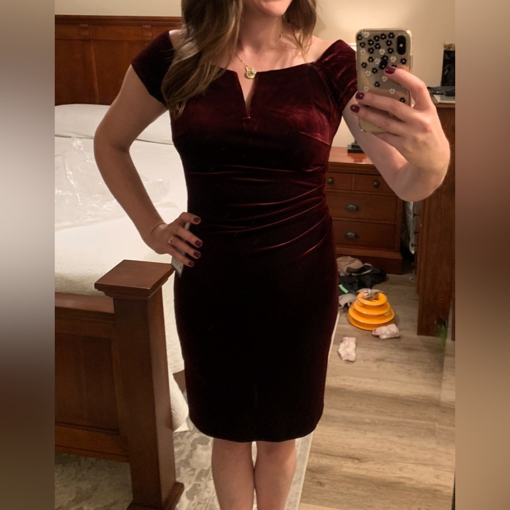 XSCAPE velvet off the shoulder sheath dress